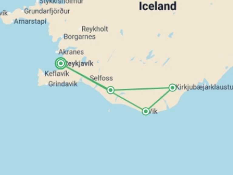 Map itinerary of Europe Tour in January 2027 with 4 destination visits for the trip: Iceland Fire and Ice