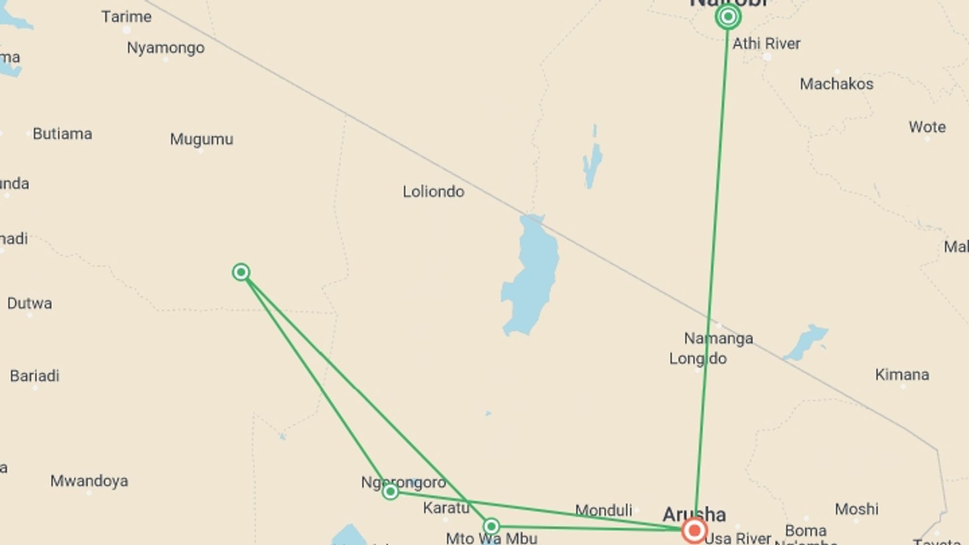 A map showing the tour itinerary for the trip: Tanzania Camping Safari, starting in Nairobi, Kenya and ending in Arusha, Tanzania going through 3 other destinations.