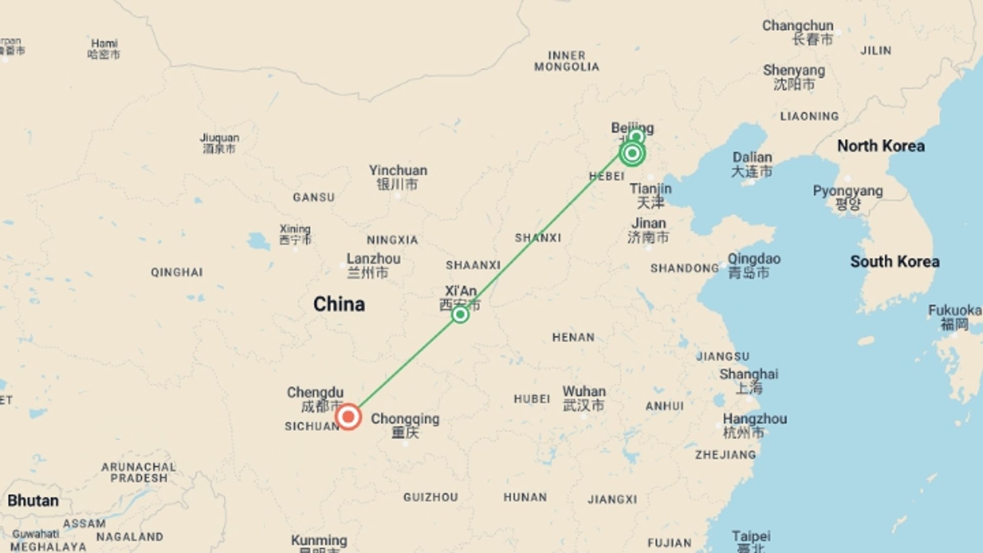 A map showing the tour itinerary for the trip: Ancient China, starting in Beijing, China and ending in Chengdu, China going through 2 other destinations.