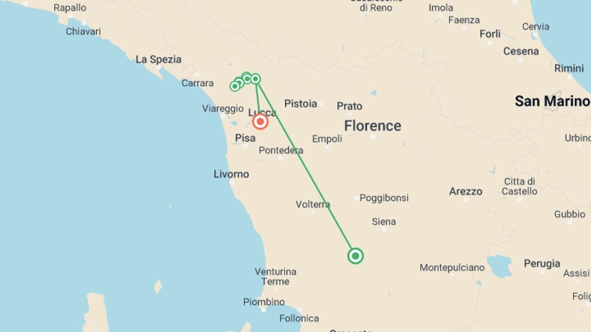 A map showing the tour itinerary for the trip: Walking in Tuscany's Apuane Alps, starting in Tuscany, Italy and ending in Lucca, Italy going through 5 other destinations.