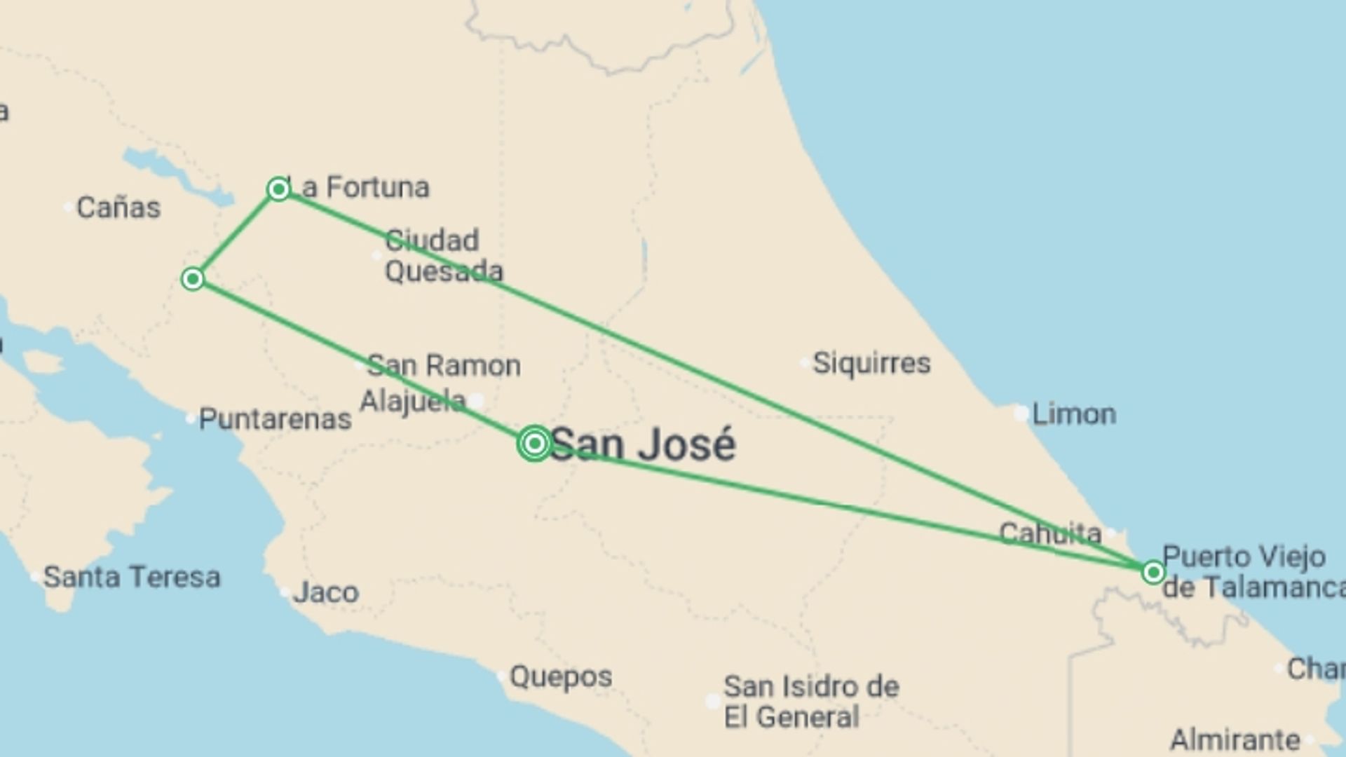 A map showing the tour itinerary for the trip: Costa Rica: Hike, Bike & Raft, starting in San Jose, Costa Rica and ending in San Jose, Costa Rica going through 3 other destinations.