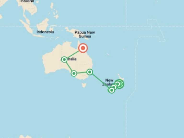 Map of Oceania Tour with 2 destination visits for the trip: Australia and New Zealand Uncovered 