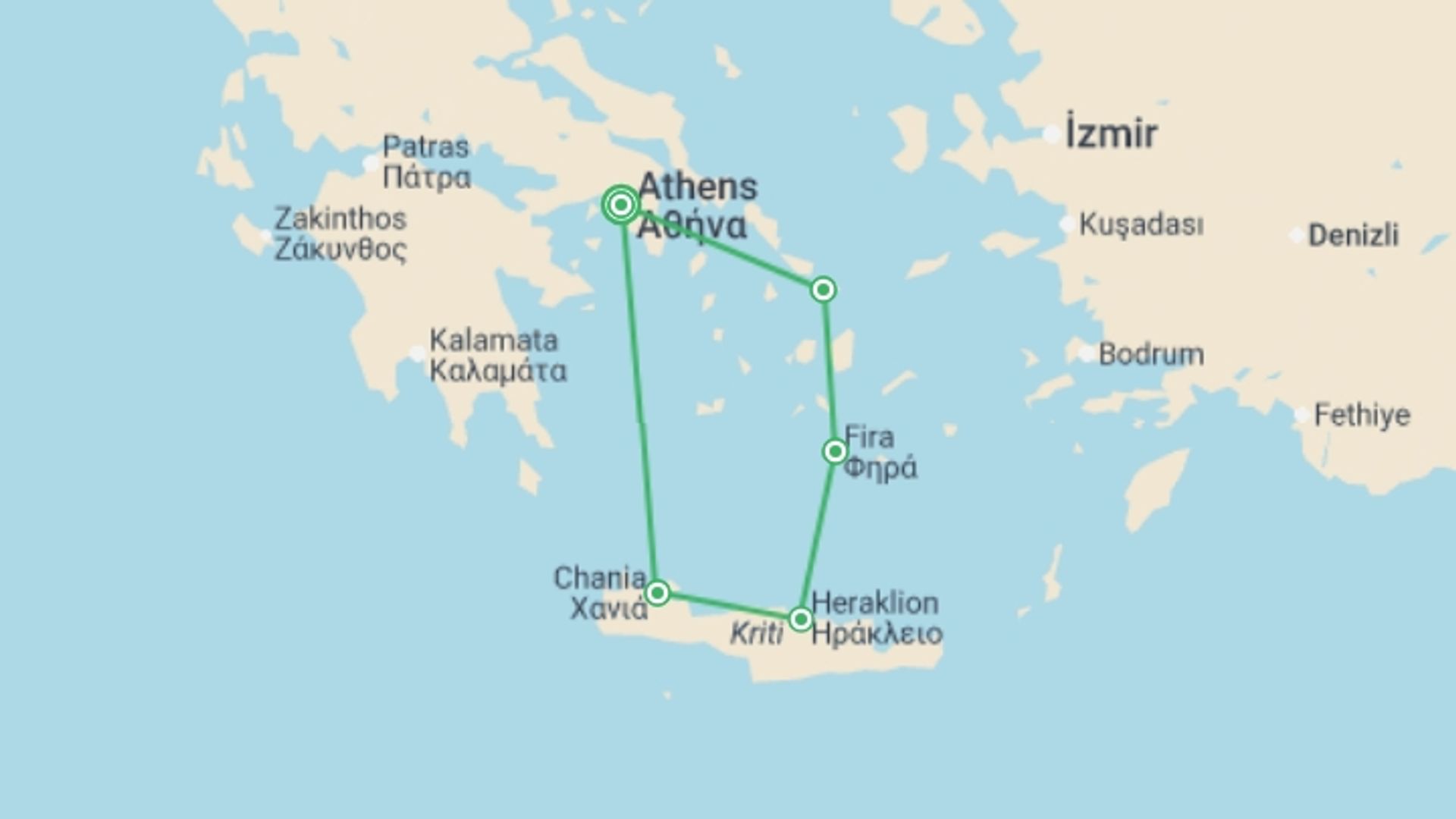 A map showing the tour itinerary for the trip: Acropolis to Aegean Islands - 10 days, starting in Athens, Greece and ending in Athens, Greece going through 4 other destinations.
