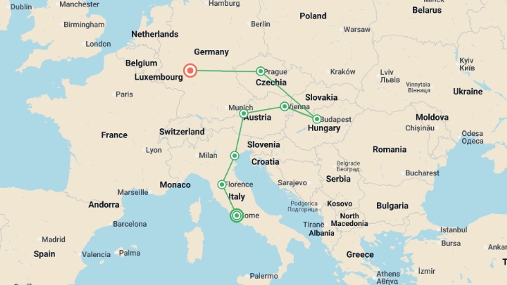 A map showing the tour itinerary for the trip: A Touch of Europe, starting in Rome, Italy and ending in Frankfurt, Germany going through 6 other destinations.