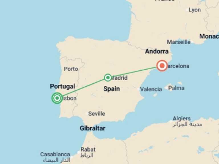 Map itinerary of Europe Tour in Fall with 3 destination visits for the trip: Lisbon, Madrid and Barcelona