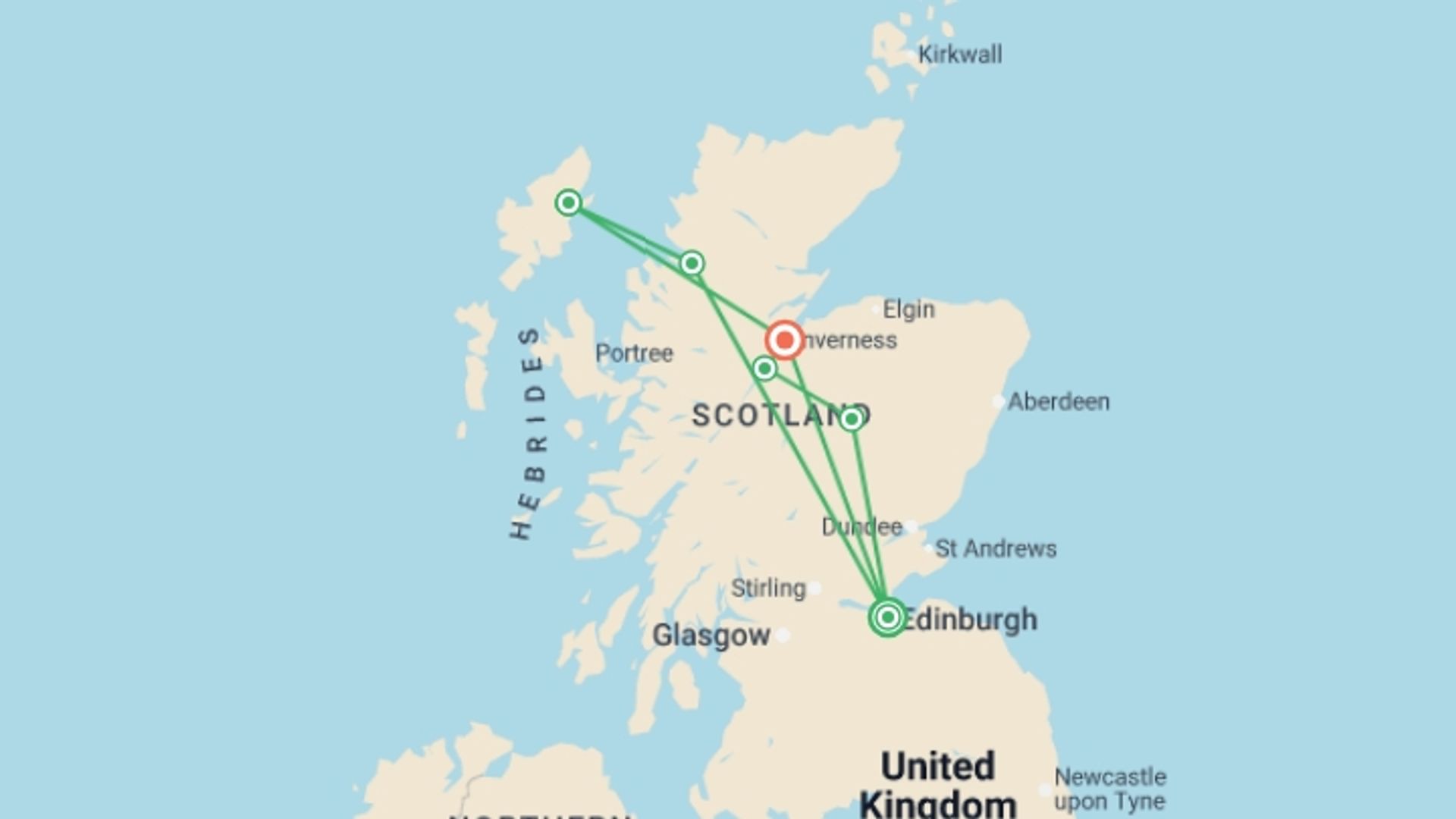 A map showing the tour itinerary for the trip: Edinburgh, Hebrides & Highlands (Hotel) - 5 days, starting in Edinburgh, Scotland and ending in Inverness, Scotland going through 1 other destinations.