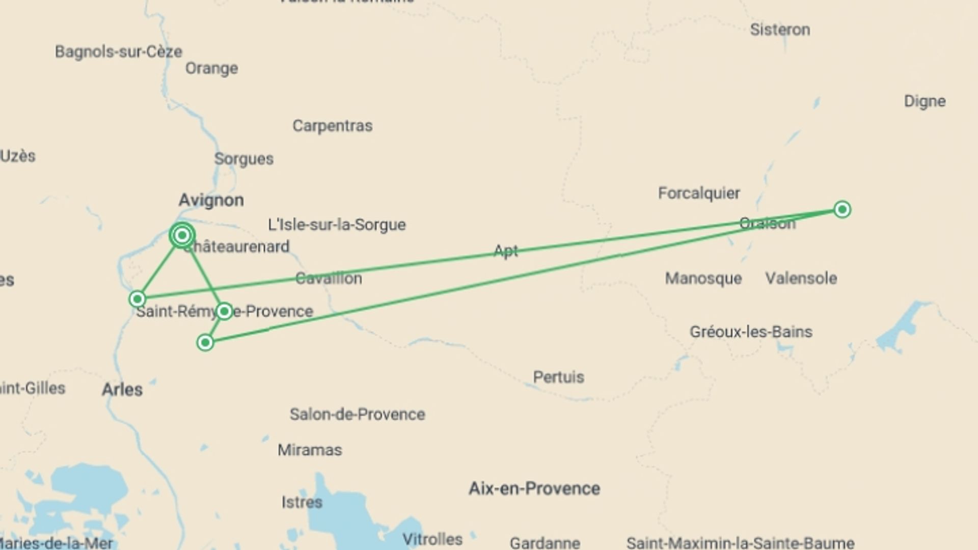 A map showing the tour itinerary for the trip: Provence Backroads, starting in Barbentane, France and ending in Barbentane, France going through 5 other destinations.