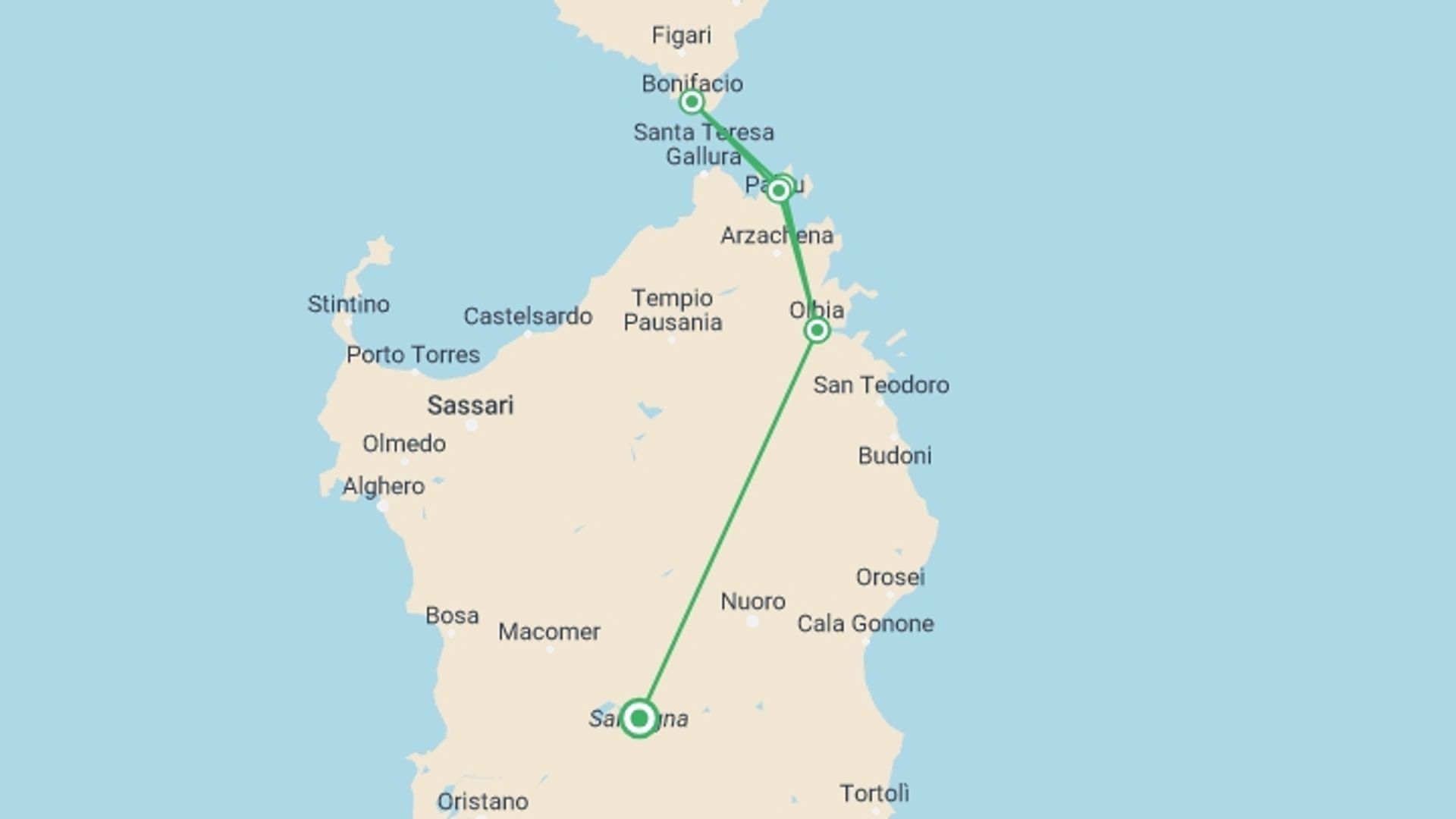 A map showing the tour itinerary for the trip: Sardinia & Corsica Sailing Adventure, starting in Sardinia, Italy and ending in Sardinia, Italy going through 4 other destinations.
