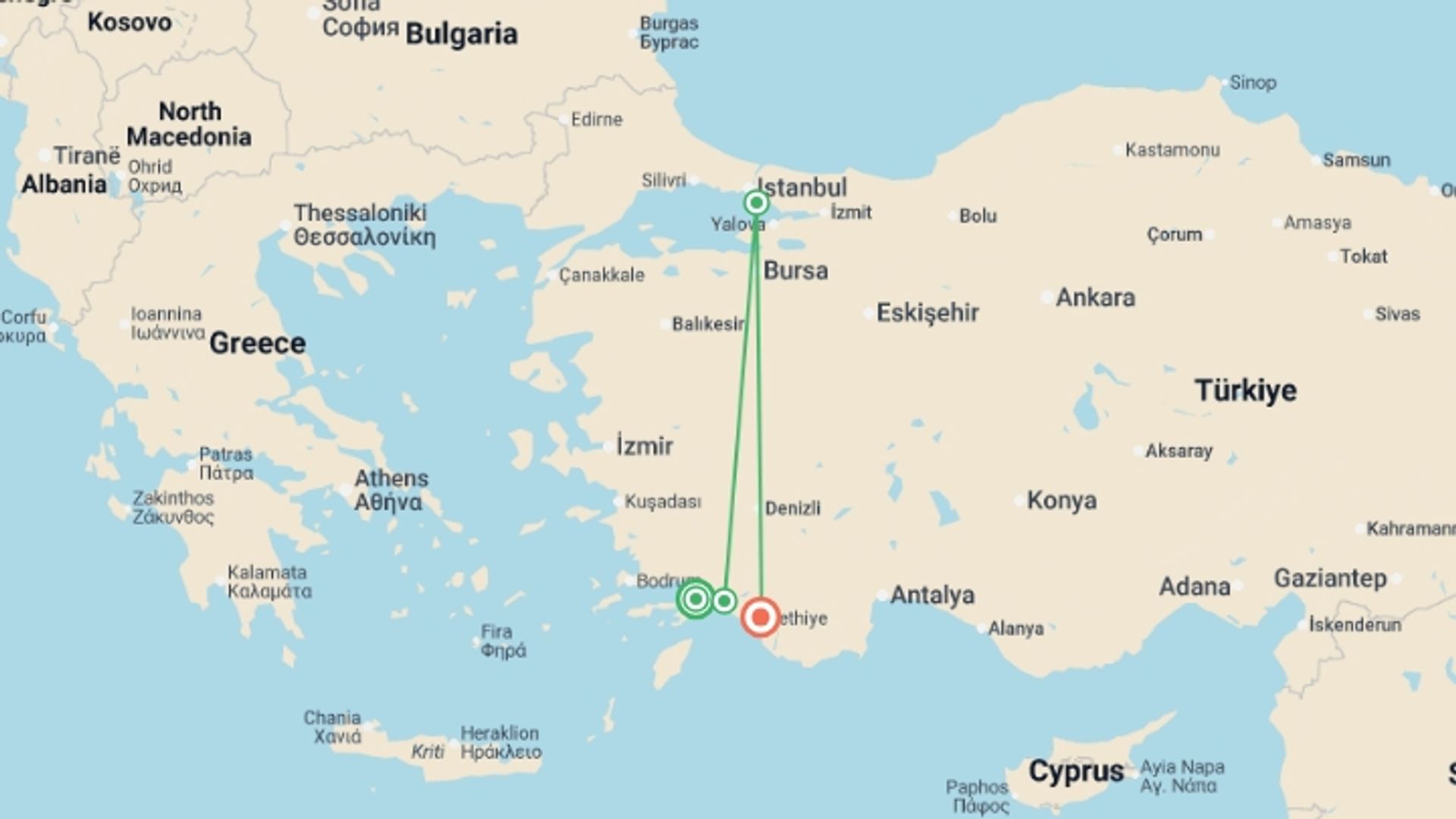A map showing the tour itinerary for the trip: Marmaris to Fethiye - 4 days, starting in Marmaris, Turkey and ending in Fethiye, Turkey going through 2 other destinations.
