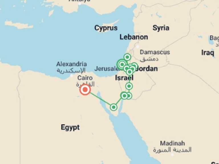 Map of 15-Day Petra Tour with 9 destination visits for the trip: Dream of Middle East