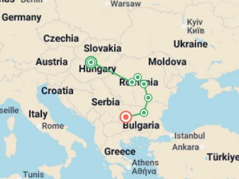 Map itinerary of Europe Tour in July 2026 with 7 destination visits for the trip: Budapest to Sofia Adventure