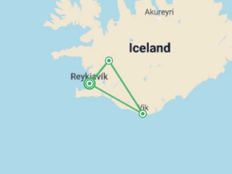 Map of Reykjavik Adventure Tour with 3 destination visits for the trip: Scenic Iceland and the Northern Lights