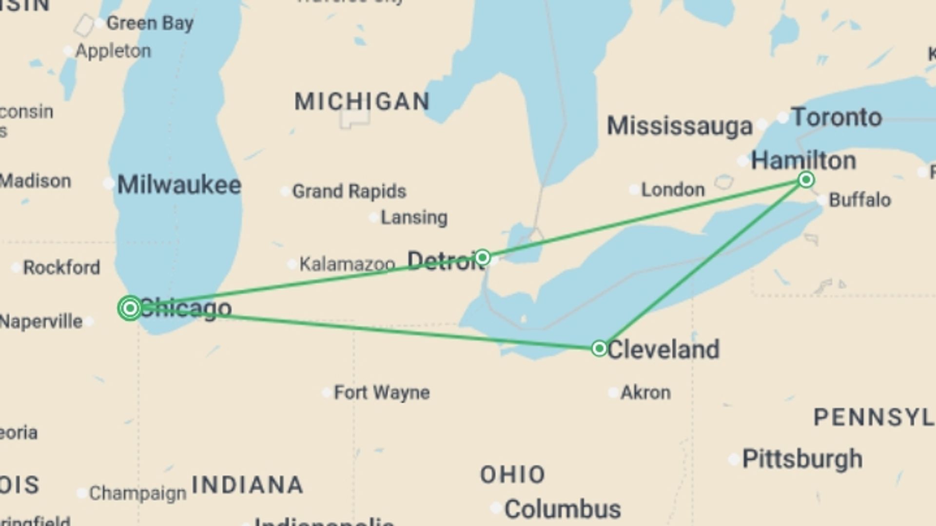 A map showing the tour itinerary for the trip: Chicago and Niagara ROT, starting in Chicago, USA and ending in Chicago, USA going through 3 other destinations.