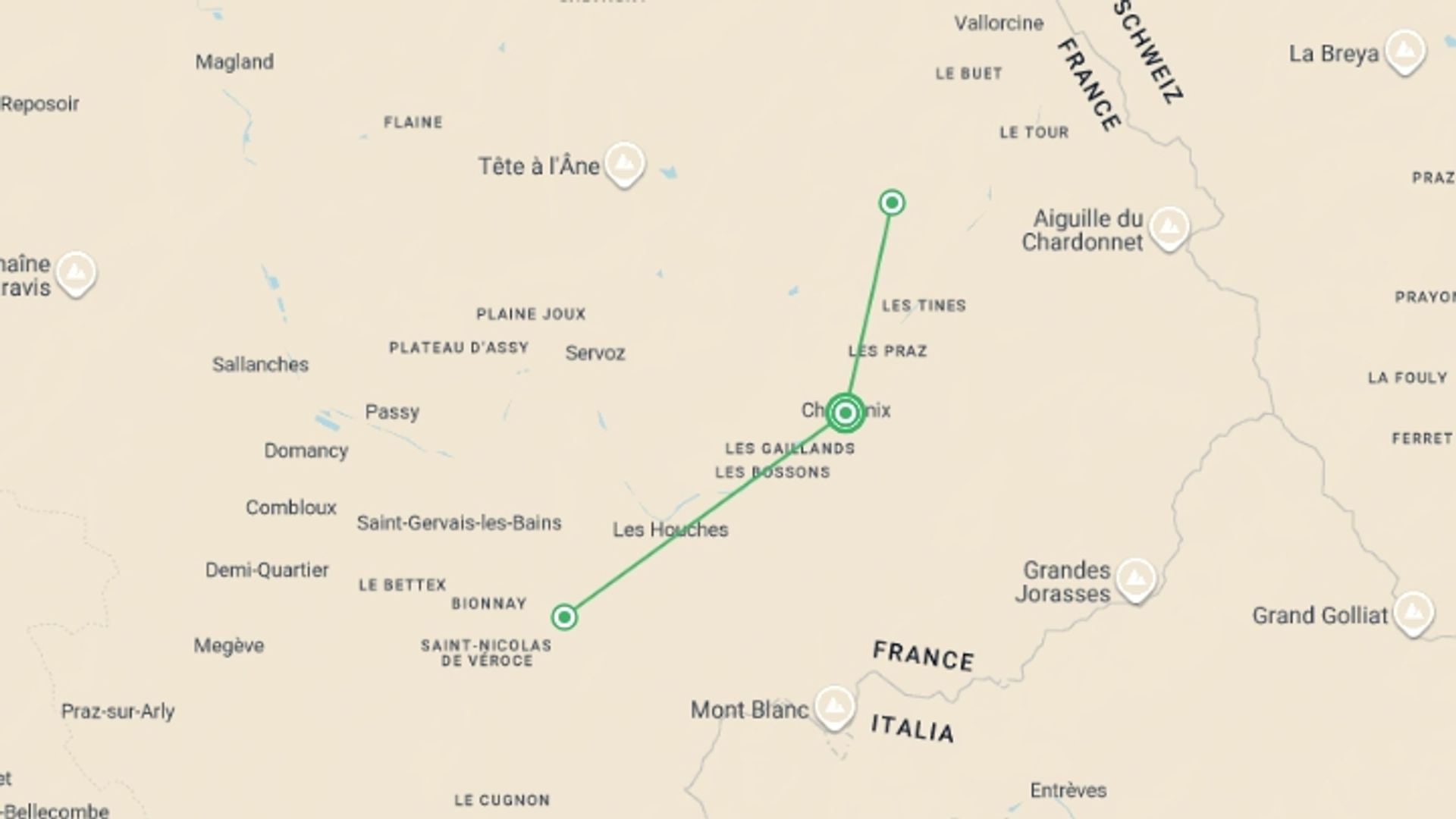 A map showing the tour itinerary for the trip: Mont Blanc Highlights, starting in Chamonix, France and ending in Chamonix, France going through 2 other destinations.