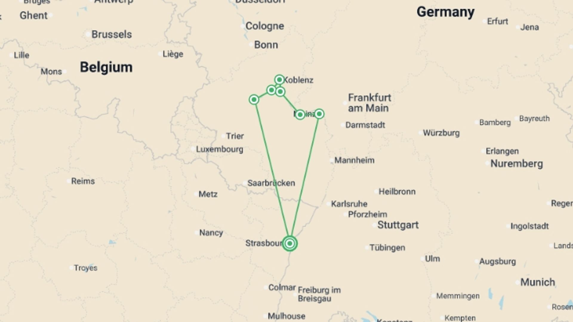 A map showing the tour itinerary for the trip: The Rhine & Moselle (port-to-port cruise), starting in Strasbourg, France and ending in Strasbourg, France going through 4 other destinations.