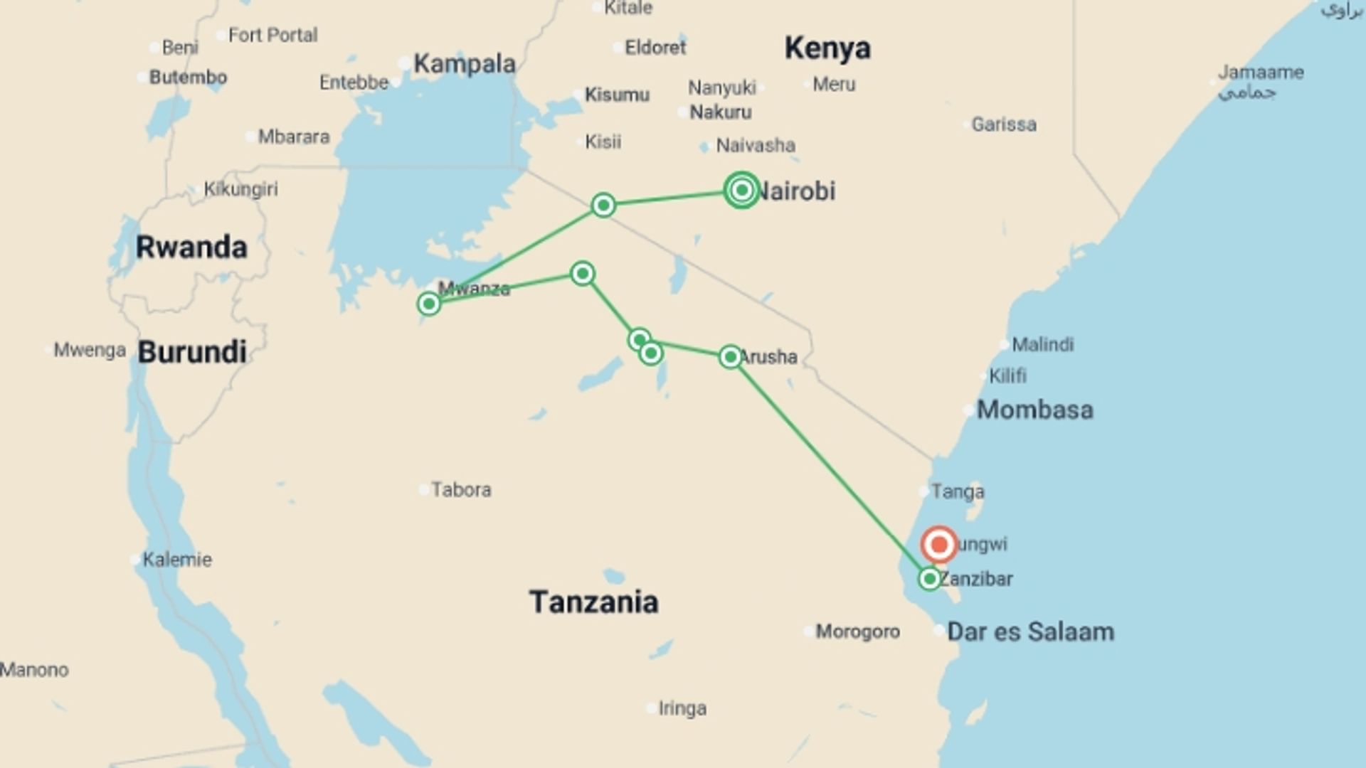 A map showing the tour itinerary for the trip: East Africa Safari & Coast, starting in Nairobi, Kenya and ending in Nungwi, Tanzania going through 6 other destinations.