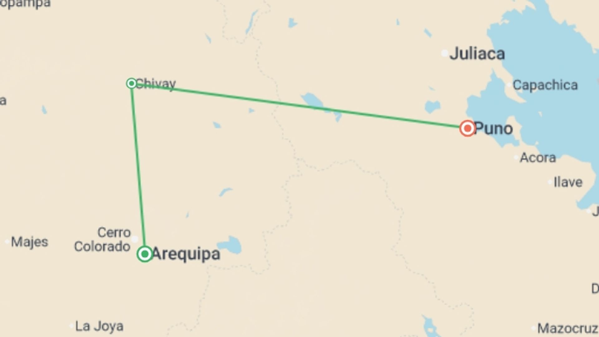 A map showing the tour itinerary for the trip: Colca Canyon Sightseeing Tour 2D/1N & Transfer to Puno, starting in Arequipa, Peru and ending in Puno, Peru going through 1 other destinations.