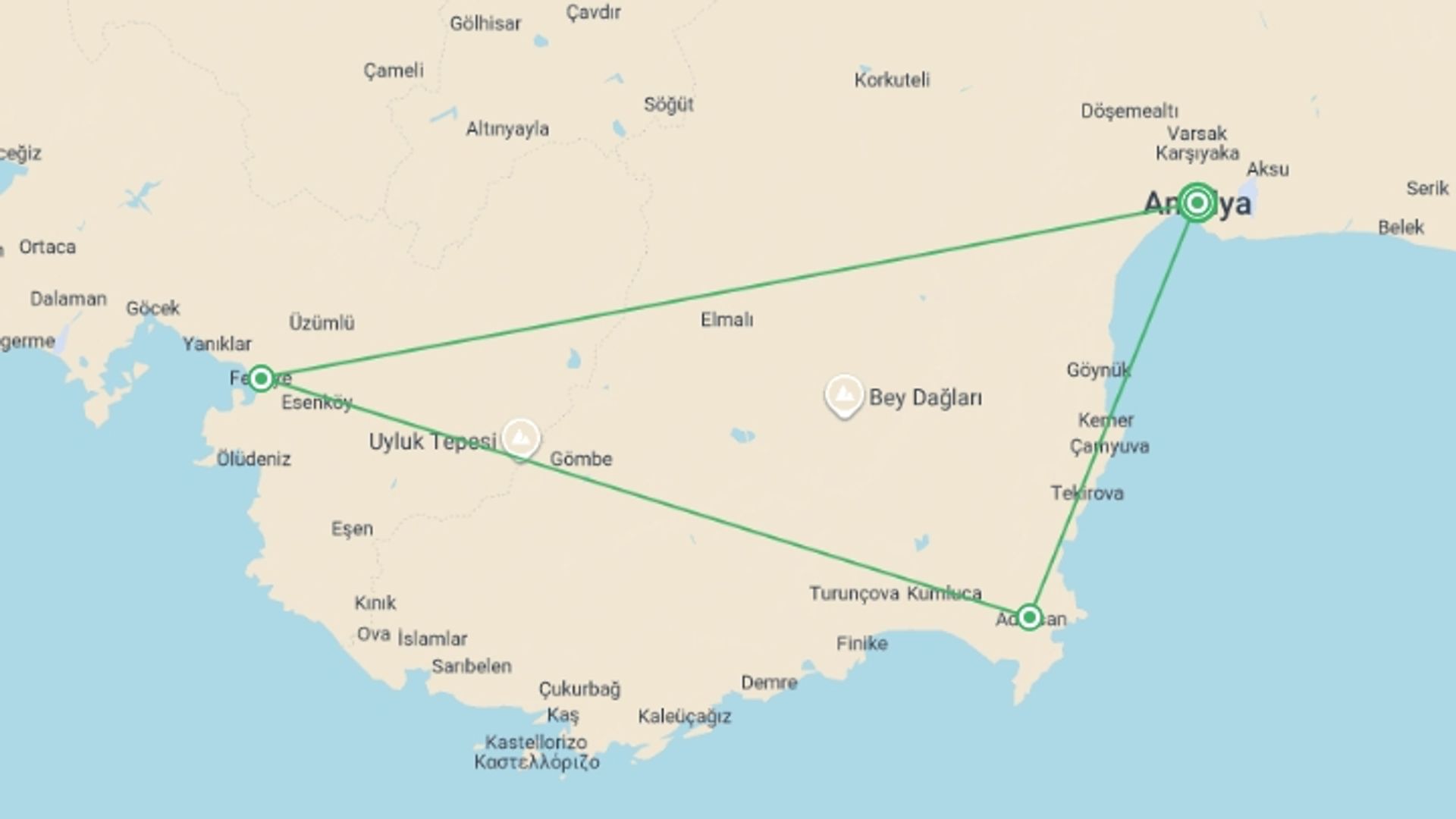 A map showing the tour itinerary for the trip: Lycian Guided Walk, starting in Antalya, Turkey and ending in Antalya, Turkey going through 3 other destinations.