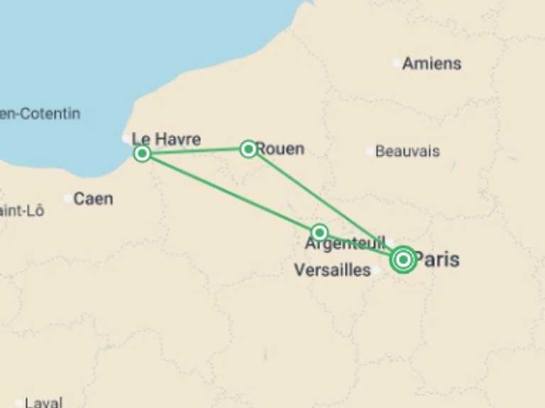 Map of France Tour with 4 destination visits for the trip: The Seine Valley, its must-see stopovers, and the Armada of Rouen (port-to-port cruise)