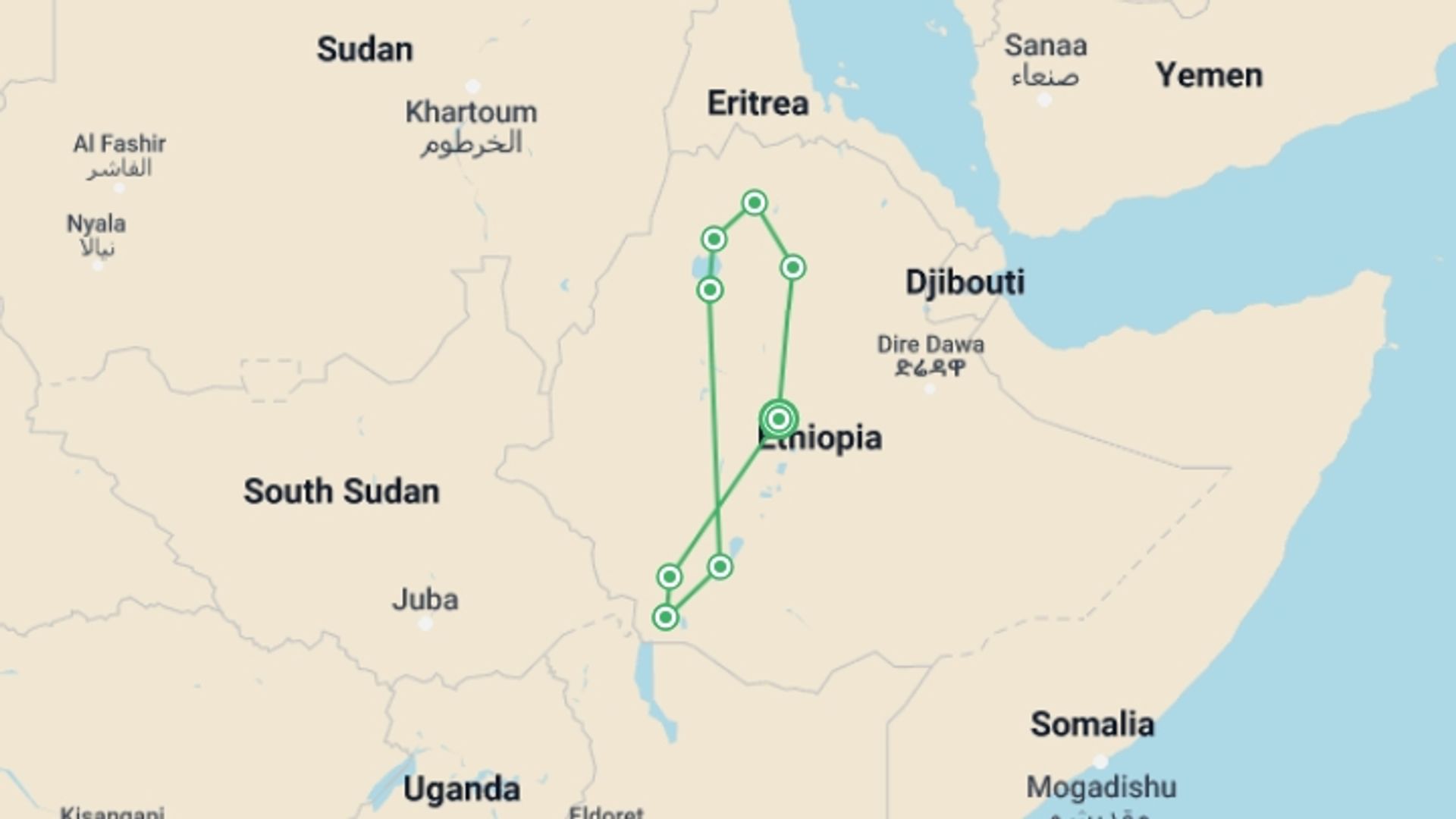 A map showing the tour itinerary for the trip: Wonders of Ethiopia, starting in Addis Ababa, Ethiopia and ending in Addis Ababa, Ethiopia going through 7 other destinations.