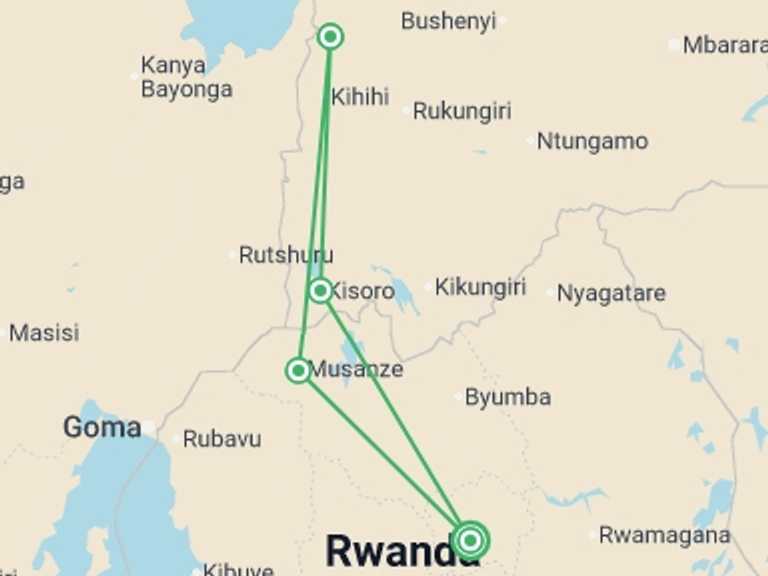 Map itinerary of Africa Tour in April 2027 with 4 destination visits for the trip: Remarkable Rwanda & Gorillas of Uganda