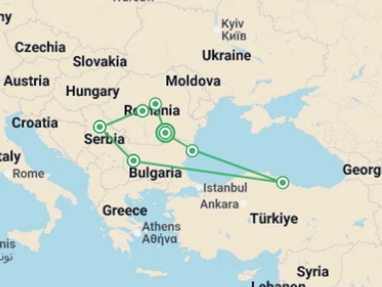 Map of Romania Tour with 7 destination visits for the trip: Grand Tour of Romania, Serbia & Bulgaria