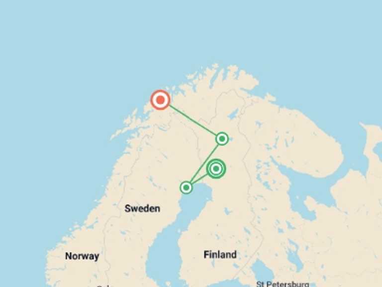 Map itinerary of Europe Tour in December 2026 with 4 destination visits for the trip: Northern Scandinavia in Winter