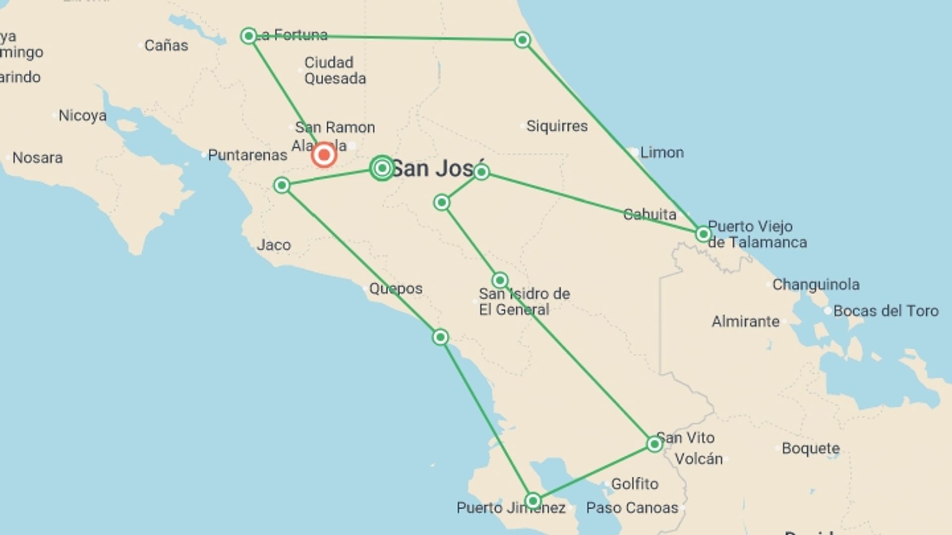 A map showing the tour itinerary for the trip: Costa Rica Coast to Coast Ride, starting in San Jose, Costa Rica and ending in La Garita De Alajuela, Costa Rica going through 11 other destinations.