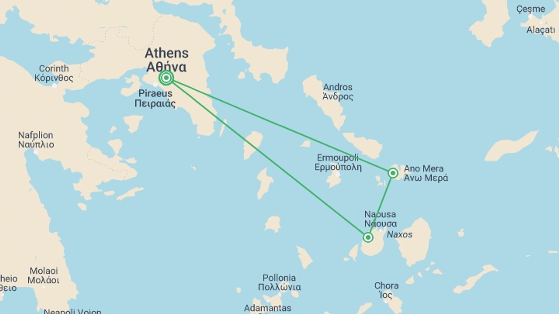 A map showing the tour itinerary for the trip: Cyclades Island Hopping: Athens, Mykonos And Paros, starting in Athens, Greece and ending in Athens, Greece going through 2 other destinations.