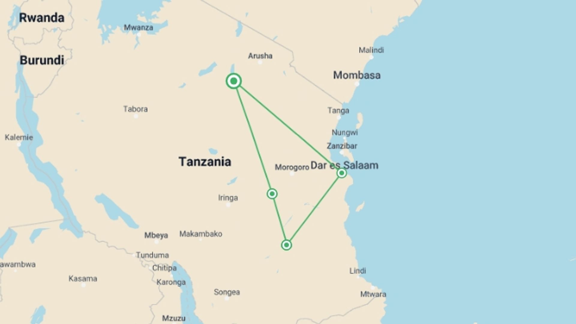 A map showing the tour itinerary for the trip: 6 Days Safari - Mikumi National Park & Selous, starting in Tanzania Safari Parks, Tanzania and ending in Tanzania Safari Parks, Tanzania going through 3 other destinations.