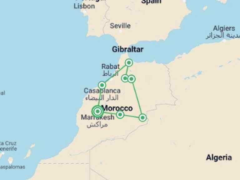 Map of 10-Day Marrakech Tour with 6 destination visits for the trip: Morocco Highlights