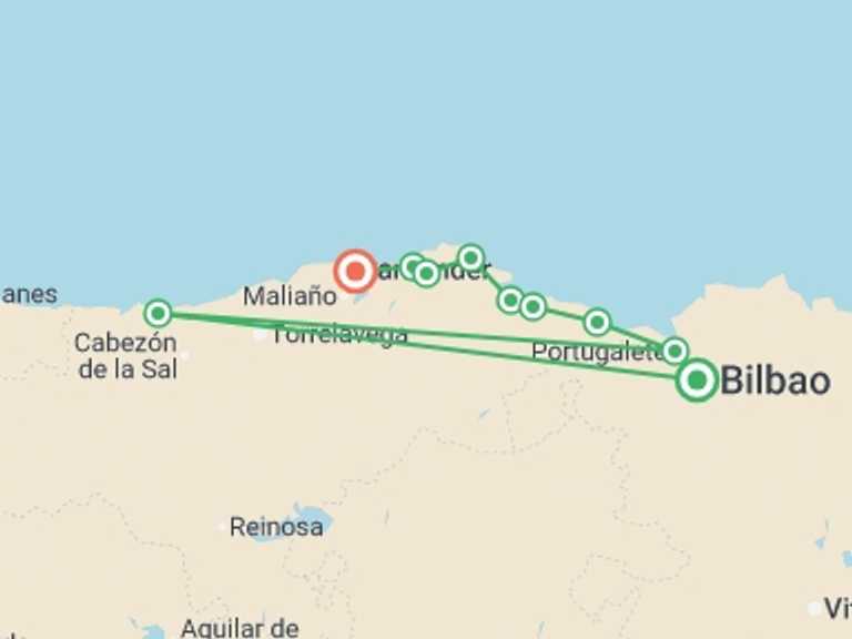 Map itinerary of Mediterranean Tour in October 2026 with 7 destination visits for the trip: Camino Norte - Bilbao to Santander