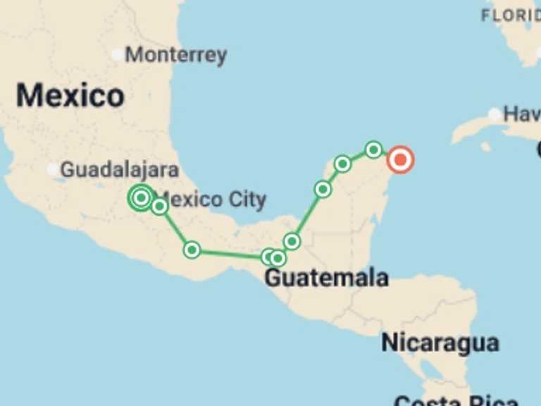 Map of 14-Day Mexico Tour with 10 destination visits for the trip: Paths of History