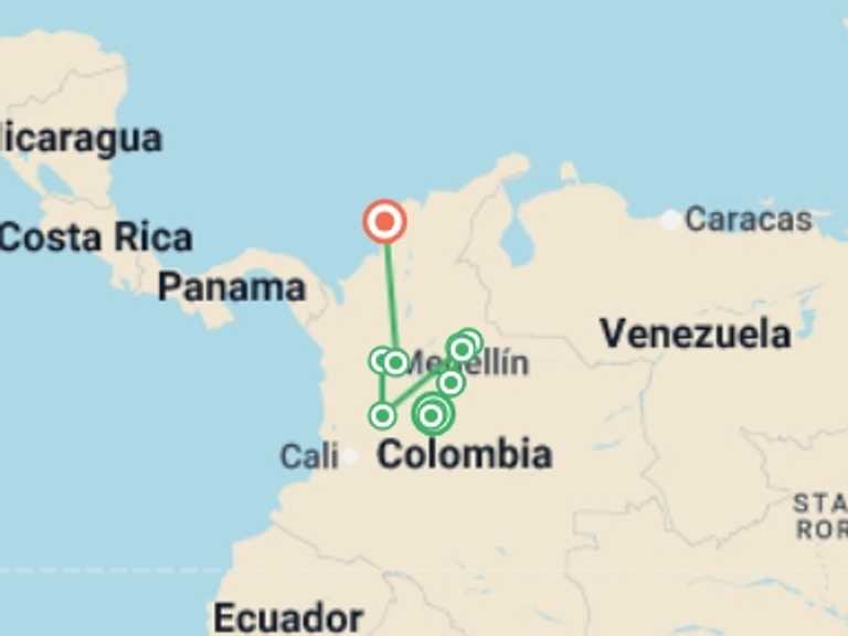 Map itinerary of South America Tour in March 2026 with 10 destination visits for the trip: Contrasts of Colombia