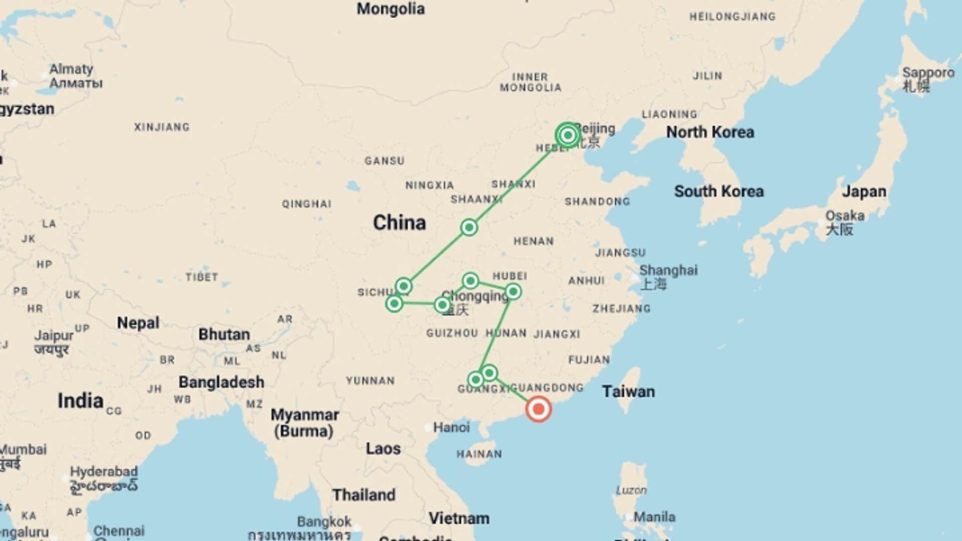 A map showing the tour itinerary for the trip: China Experience, starting in Beijing, China and ending in Hong Kong, Hong Kong going through 9 other destinations.