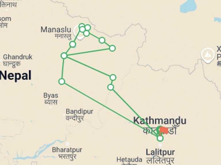 Map itinerary of Nepal Tour in Winter with 13 destination visits for the trip: Manaslu Trek