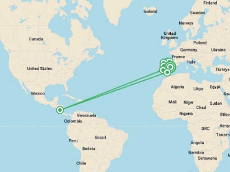 Map itinerary of Spain Tour in March 2027 with 8 destination visits for the trip: Madrid, Portugal and North of Spain