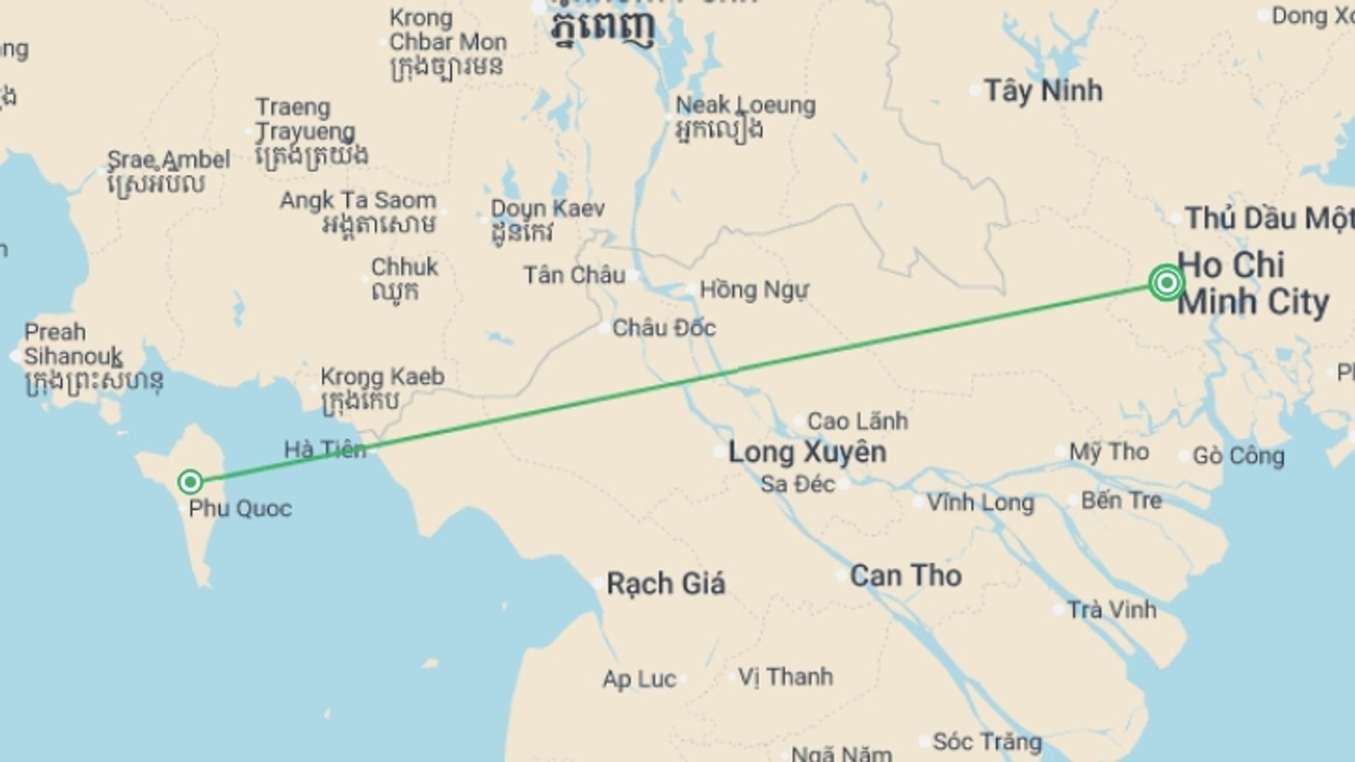 A map showing the tour itinerary for the trip: Saigon & Phu Quoc Paradise (Superior) - 8 days, starting in Ho Chi Minh City, Vietnam and ending in Ho Chi Minh City, Vietnam going through 1 other destinations.