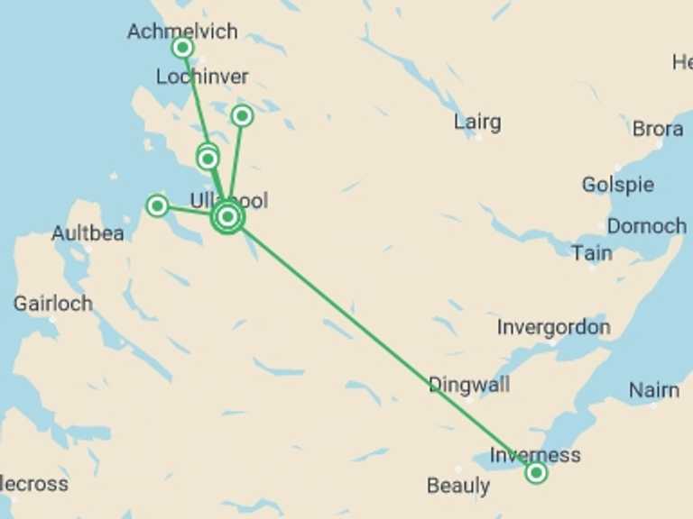 Map of Inverness Adventure Tour with 2 destination visits for the trip: 8 Days / 7 Nights - Wonders Of Assynt And Ullapool Walking Tour