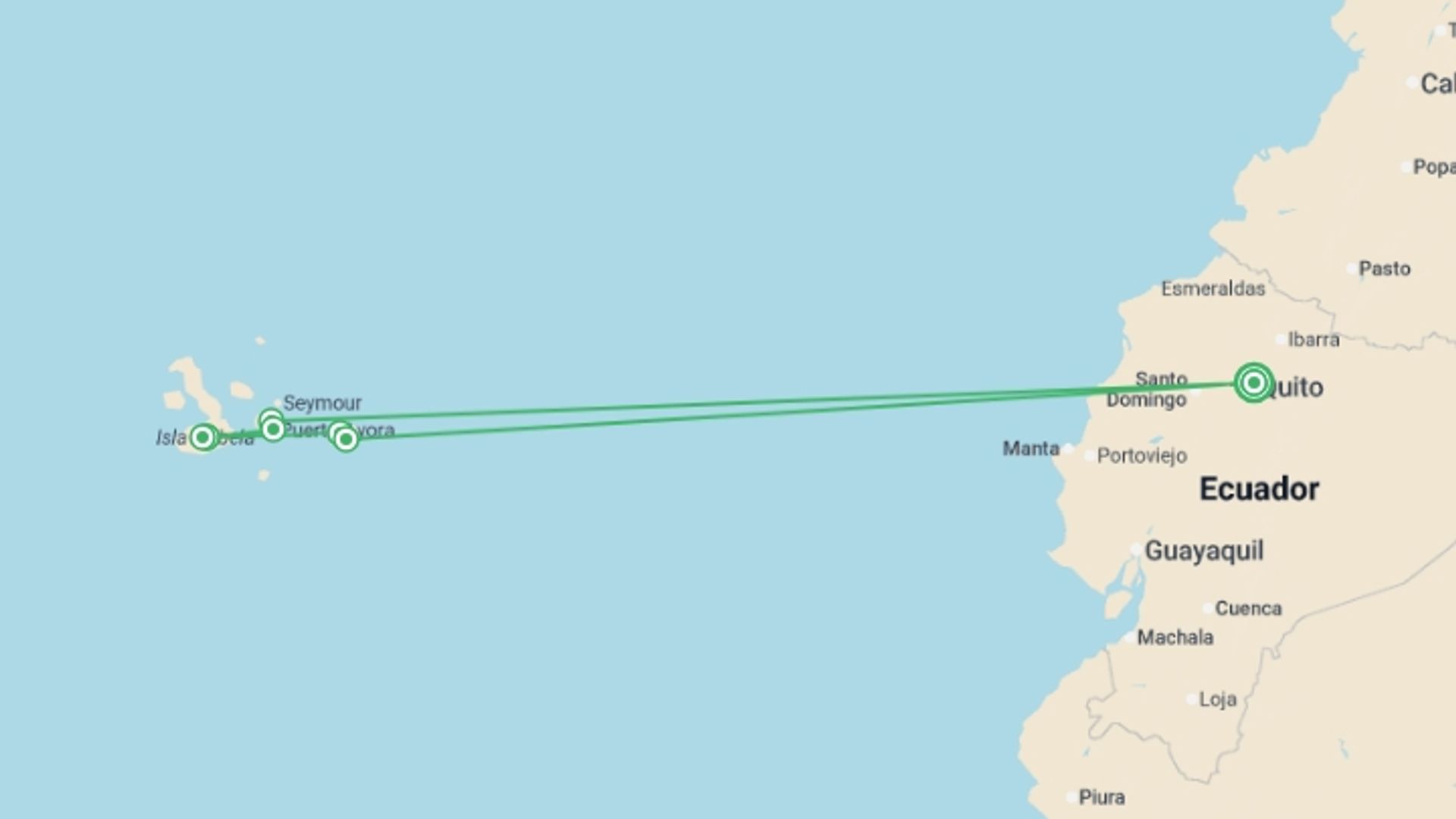 A map showing the tour itinerary for the trip: Galapagos Active Adventure - 10 days, starting in Quito, Ecuador and ending in Quito, Ecuador going through 6 other destinations.