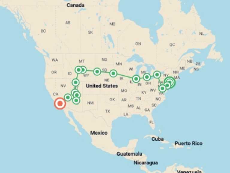 Map of a Adventure and sport Tour with 14 destination visits for the trip: New York to Hollywood