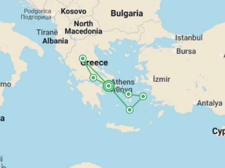 Map of Europe Tour with 6 destination visits for the trip: Highlights of Greece with Cruise