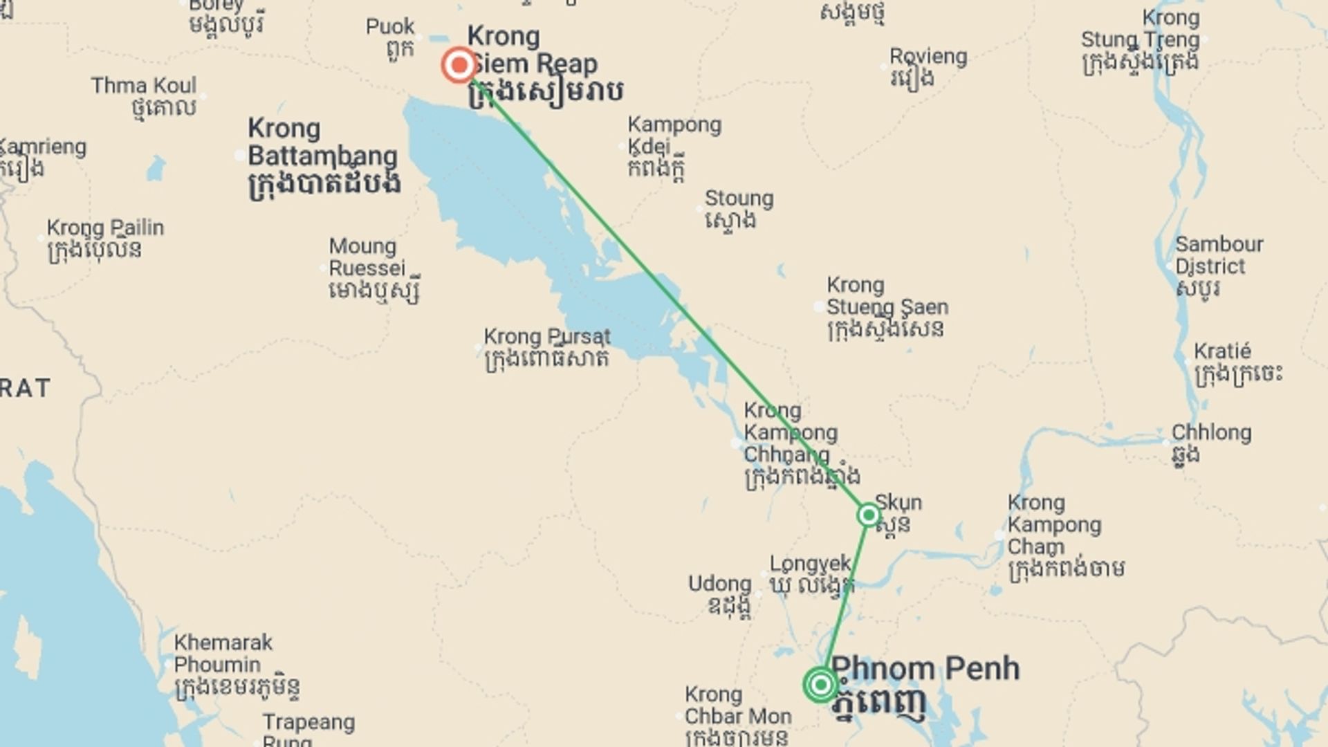 A map showing the tour itinerary for the trip: Best of Cambodia - 6 days, starting in Phnom Penh, Cambodia and ending in Siem Reap, Cambodia going through 1 other destinations.