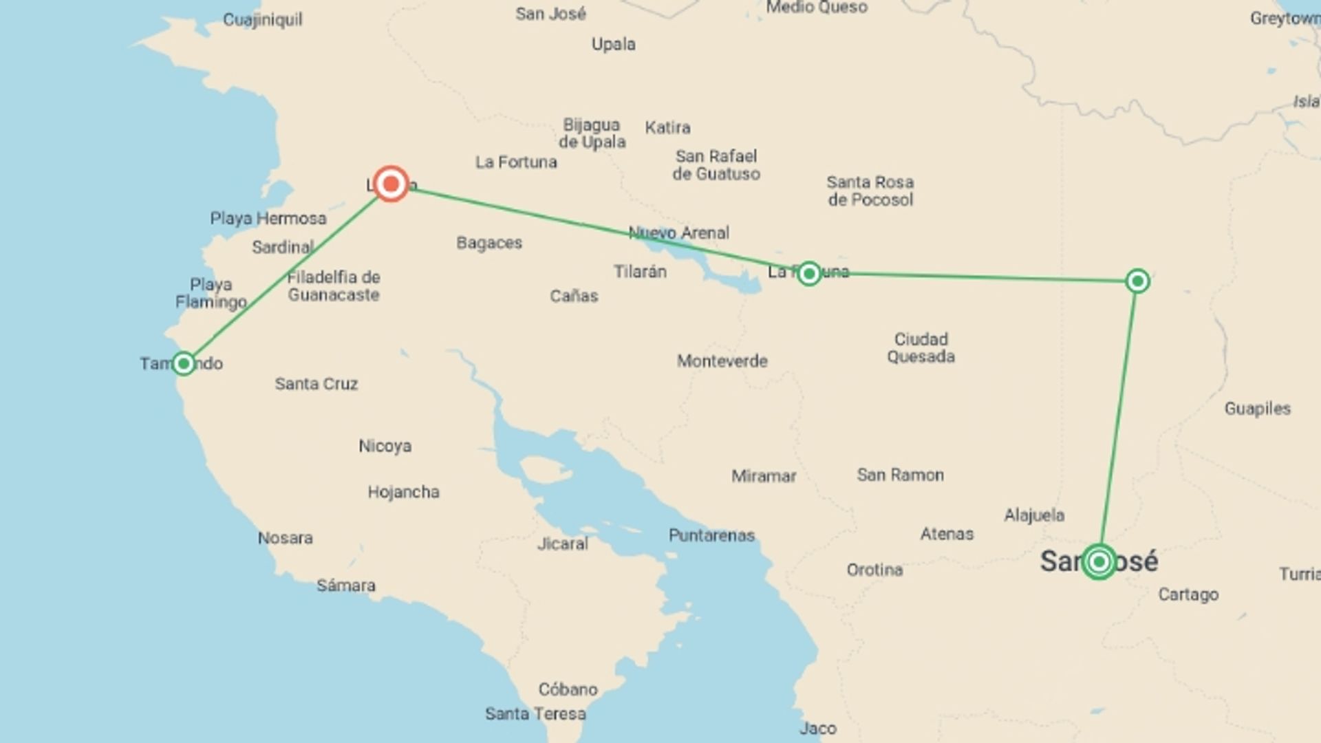 A map showing the tour itinerary for the trip: Landscapes of Costa Rica - 10 days, starting in San Jose, Costa Rica and ending in Liberia City, Costa Rica going through 3 other destinations.
