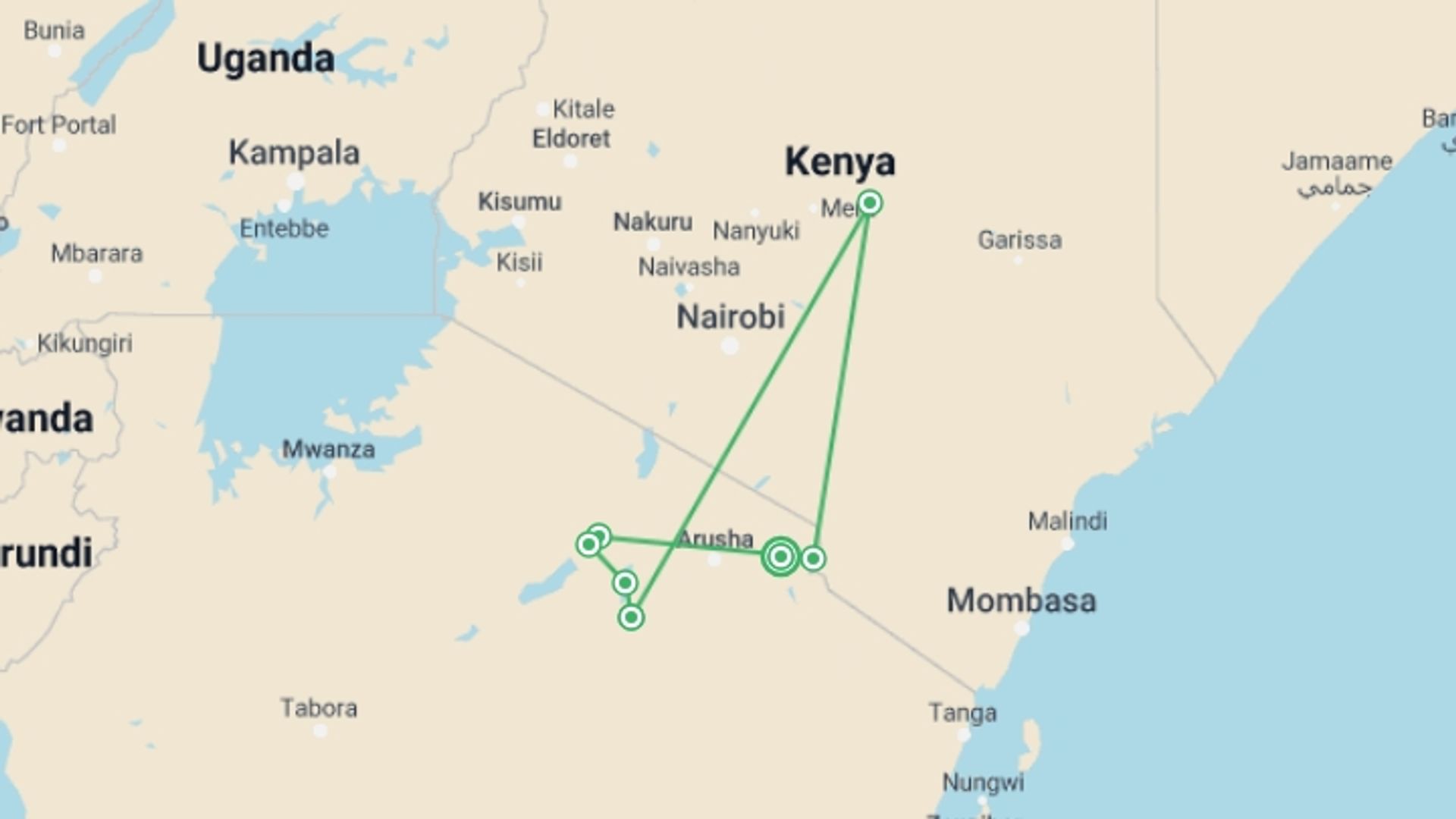 A map showing the tour itinerary for the trip: Cycling Kilimanjaro to the Ngorongoro Crater, starting in Moshi, Tanzania and ending in Moshi, Tanzania going through 6 other destinations.