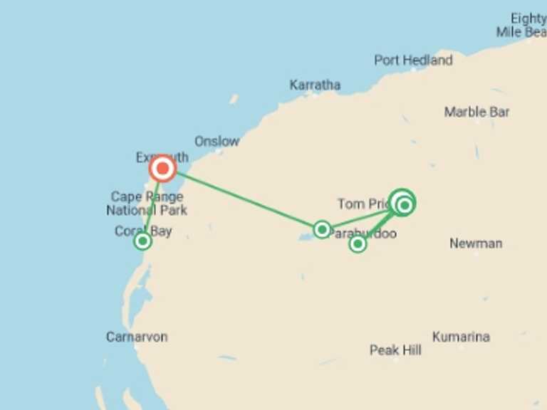 Map itinerary of Oceania Tour in August 2027 with 6 destination visits for the trip: Walk Western Australia's Karijini & Ningaloo Reef