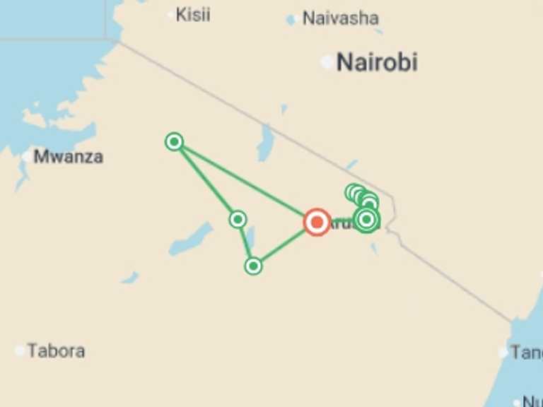 Map of Serengeti National Park Tour with 12 destination visits for the trip: Tanzania: Kilimanjaro's Lemosho Route & Serengeti Safari