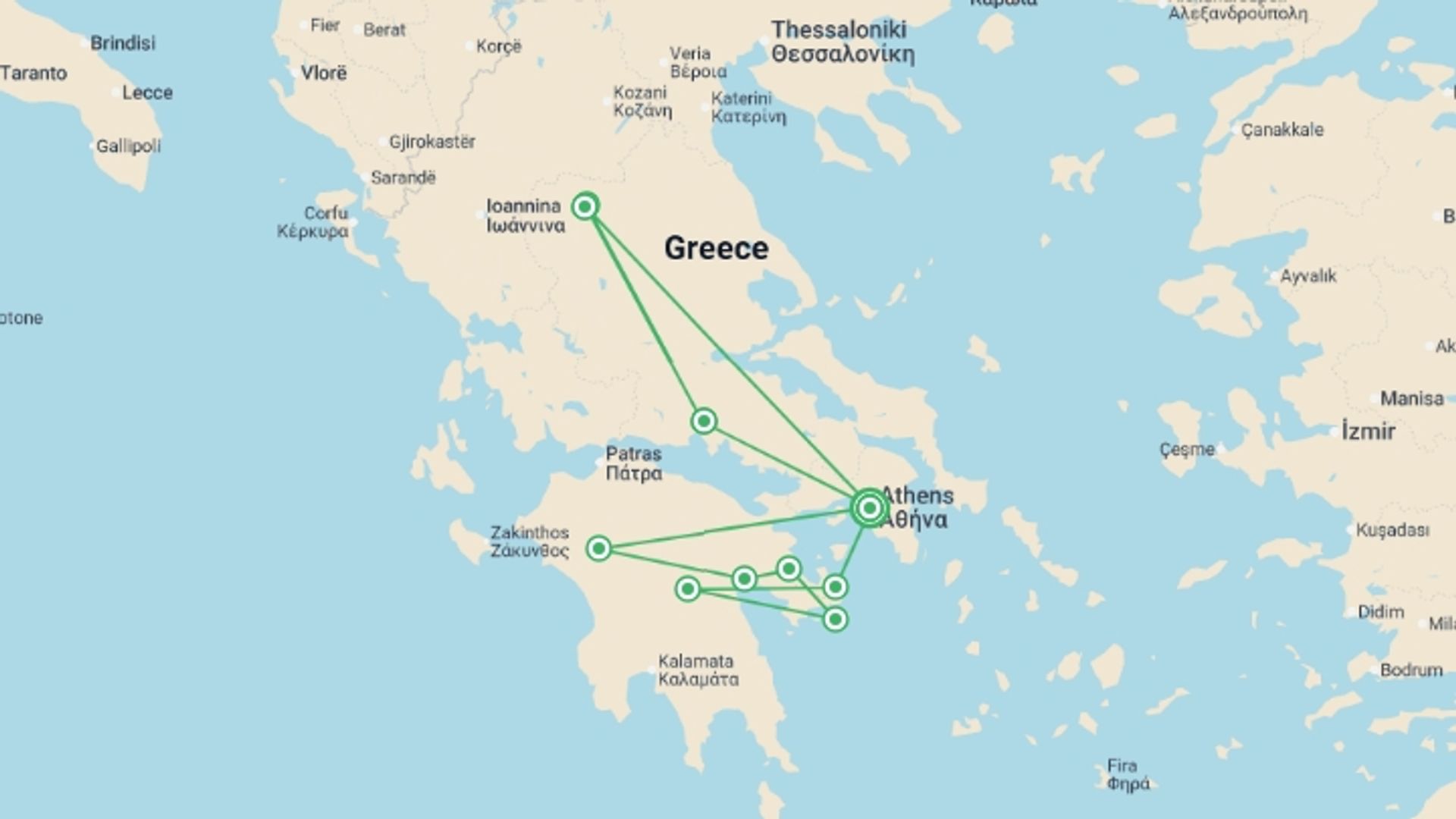 A map showing the tour itinerary for the trip: Absolutely Greek, starting in Athens, Greece and ending in Athens, Greece going through 3 other destinations.