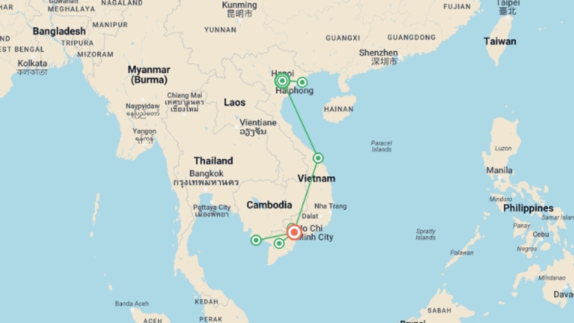 A map showing the tour itinerary for the trip: Winter Getaway 21 Days 20 Nights, starting in Hanoi, Vietnam and ending in Ho Chi Minh City, Vietnam going through 5 other destinations.