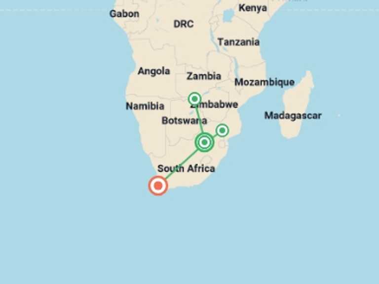 Map of Zimbabwe Tour with 4 destination visits for the trip: Jewels of South Africa